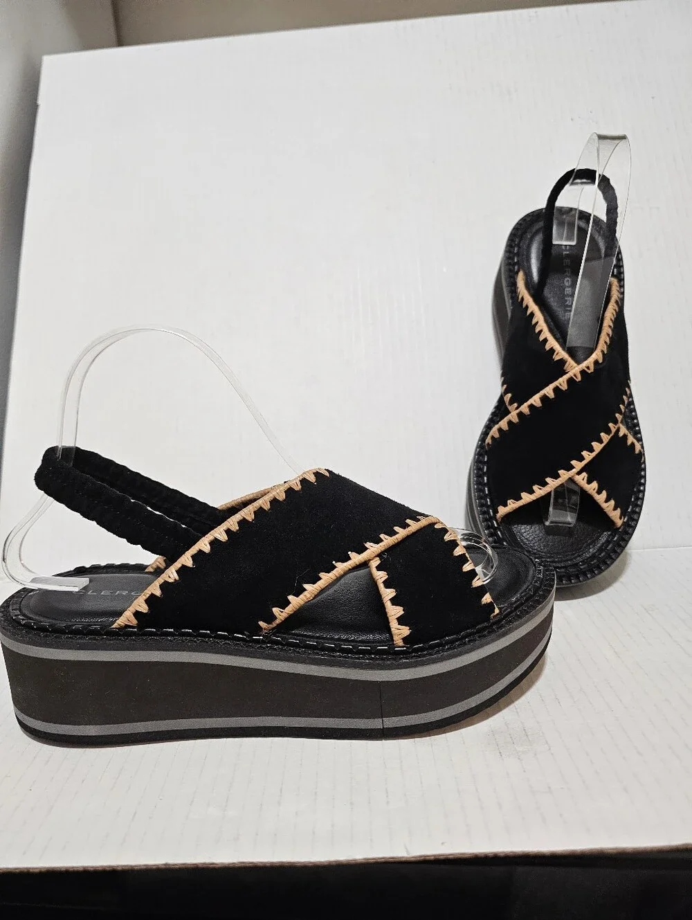 Clergerie Paris Freedom Black Suede Platform Slingback Sandals Whipstitch Sz 37